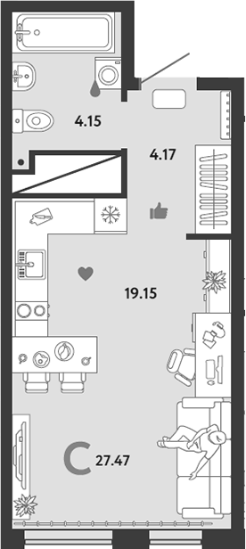 Планировка Студия, 27,47 м² в ЖК Сибирский сад